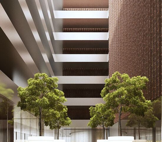 3D-Innenansicht der argentinischen Nationalbibliothek – Lesebereich mit Lichtern in Form von Blumentöpfen und großen Pflanzen dekoriert