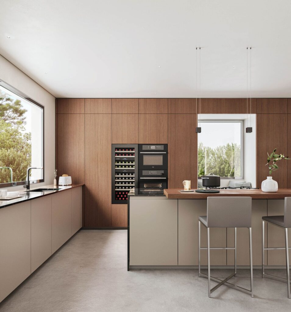 Interior 3D rendering of the Private house minimalist kitchen with a wooden wall and a wine storage area