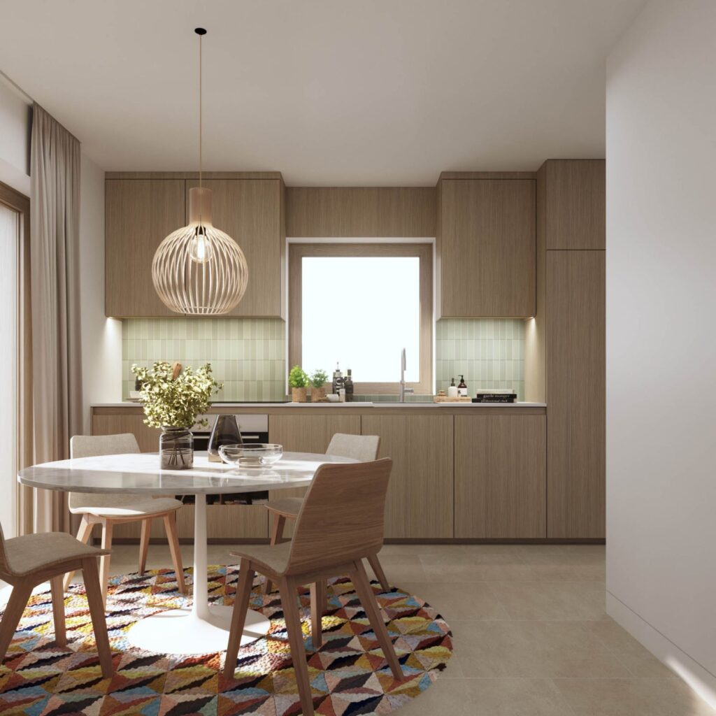 Interior 3d rendering of the Peney kitchen with a minimalist style, light tones in the furniture and walls and a rug that stands out