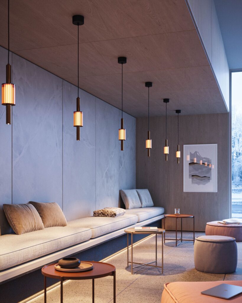 Interior 3D rendering of the Lighting catalogue ceiling lamps with a vertical black metal tube and a larger glass tube with warm light in the center.