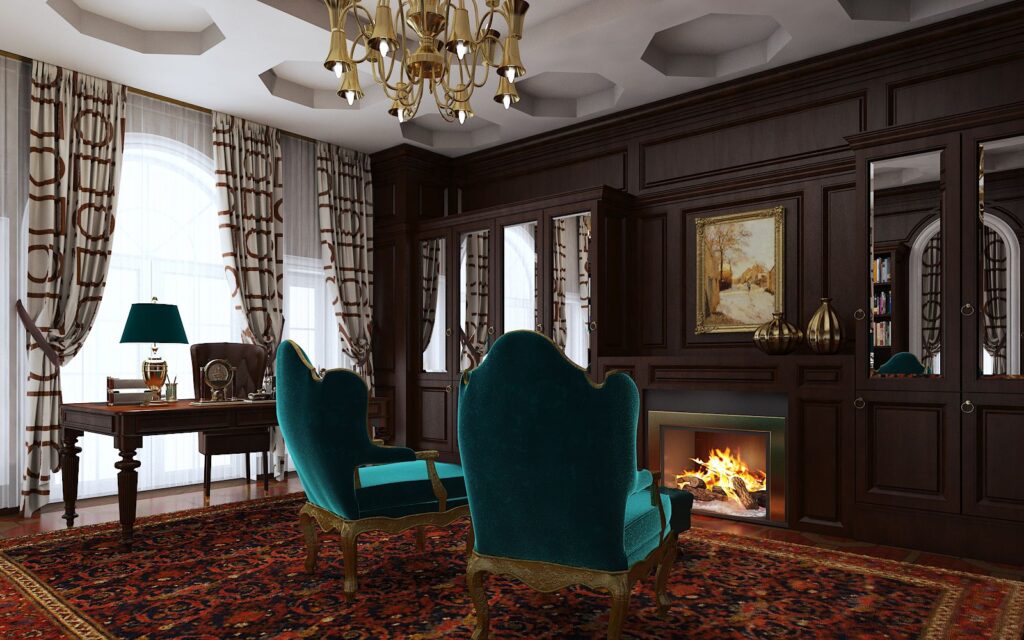 Interior 3D rendering of the Family Home - Cove Lane luxury library with green velvet chairs and wooden furniture