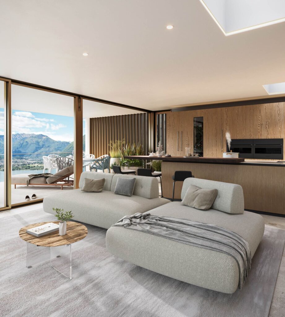 Interior 3D rendering of the Habitat open concept living room and kitchen with lots of natural light