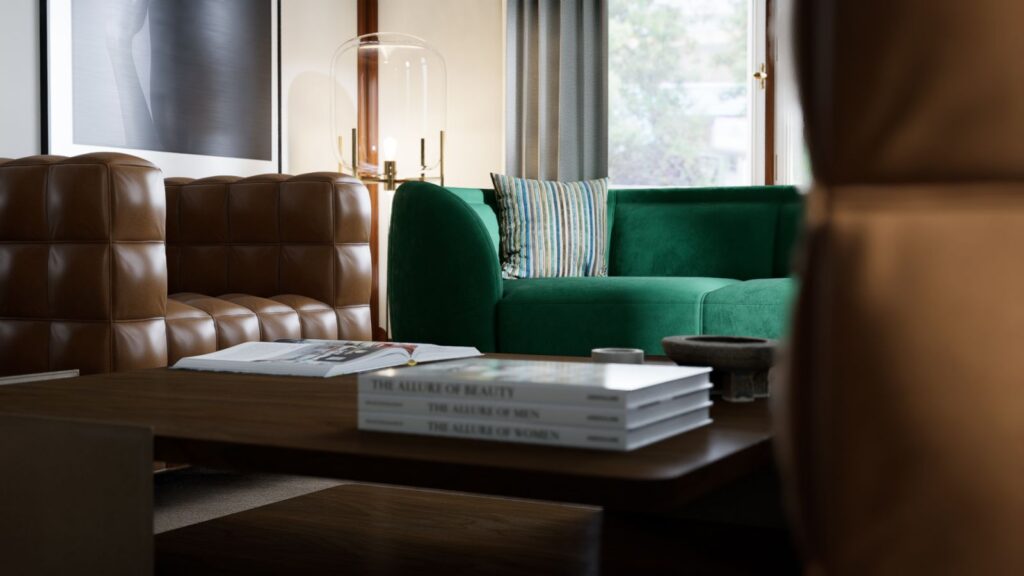 Interior 3D rendering of the Seeschlossli living room furniture, which stands out for its originality in colors, textures and shapes