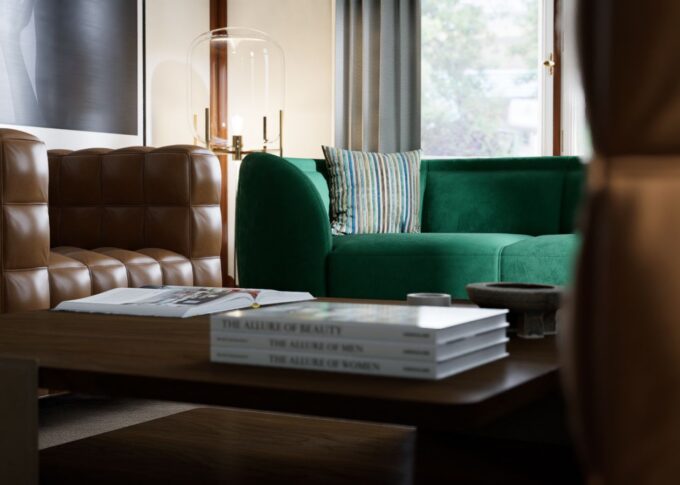 Interior 3D rendering of the Seeschlossli living room furniture, which stands out for its originality in colors, textures and shapes