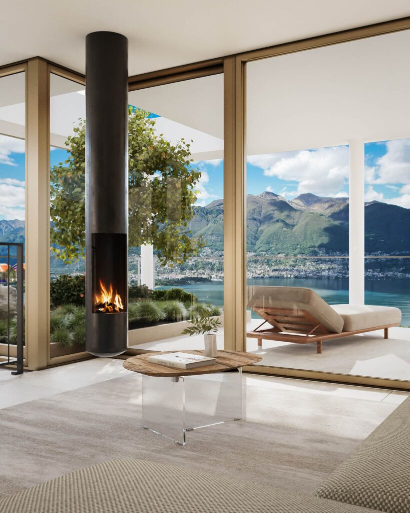 Interior 3D rendering of the Habitat modern fireplace located in the living room