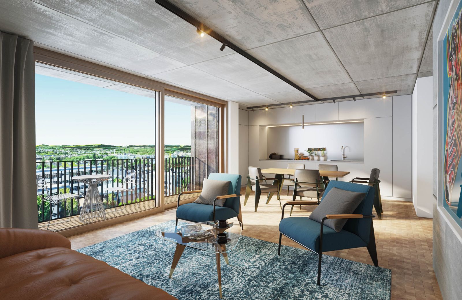 Interior 3D rendering of the Limpertsberg modern and colorful living room with lots of natural light