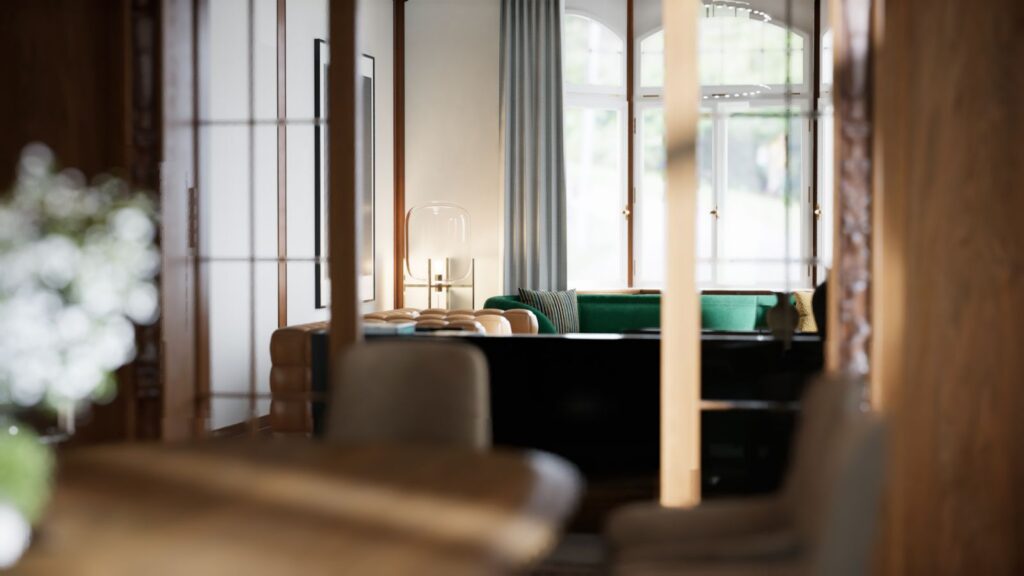 Interior 3D rendering of the Seeschlossli living room with wooden furniture and a green armchair that stands out