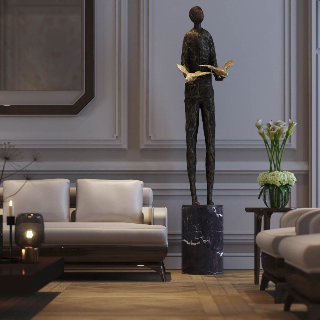 Interior 3D rendering of the Catalogue 2024 modern living room, with white armchairs and a matte black marble statue that stands out