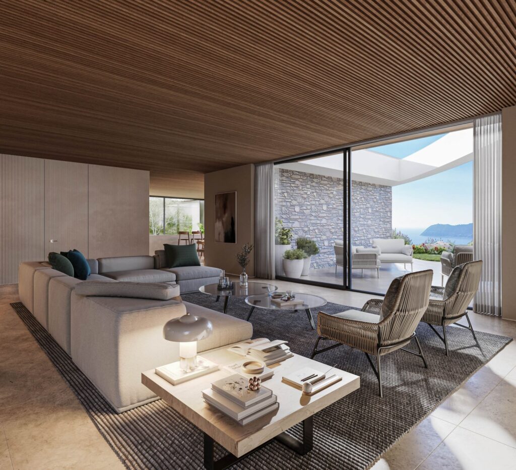 Interior 3D rendering of the Private house living room with lots of natural light, neutral-colored furniture, and a wooden ceiling
