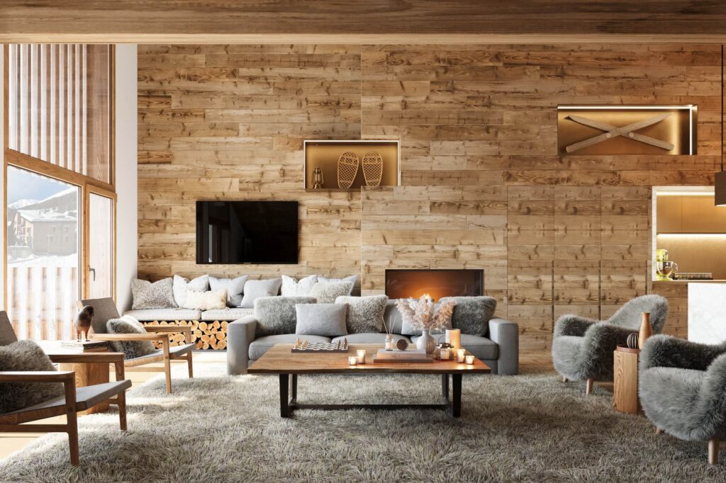 Interior 3D rendering of the Mountain house living room with a modern rustic style, a gray fur rug, wooden walls, and lots of natural light