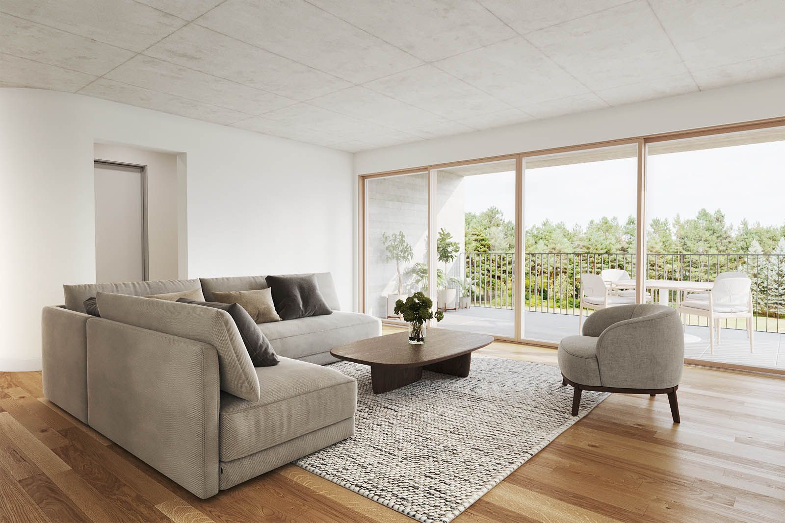 3D-Innenansicht des Sasselli-Wohnzimmers im minimalistischen Stil mit Holzboden, einem großen grauen Sessel und großen Fenstern