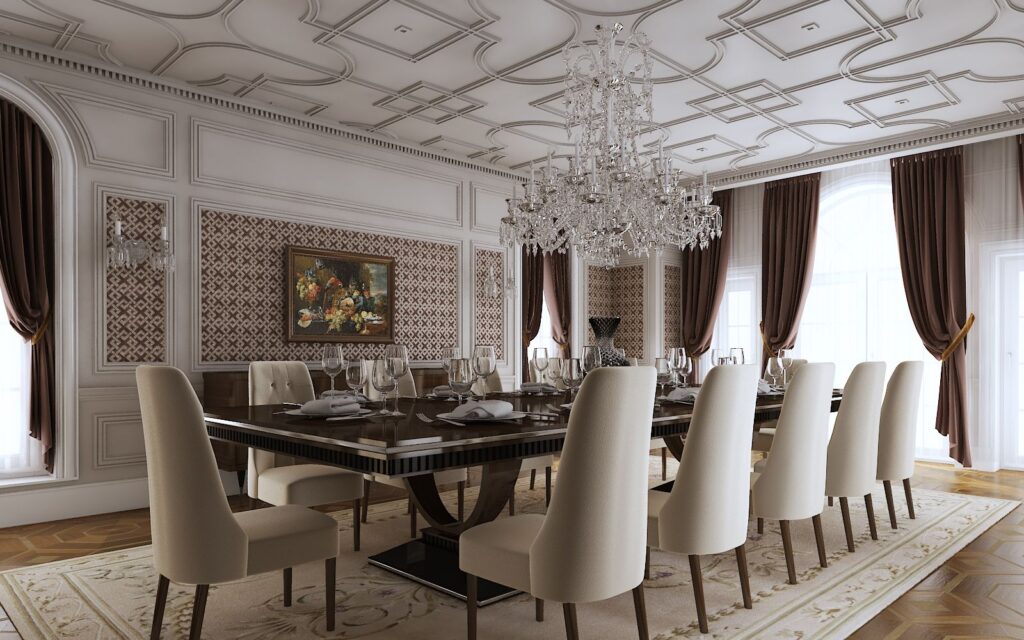 Interior 3D rendering of the Family Home - Cove Lane luxury dining room with high ceiling, brown curtains, and white chairs