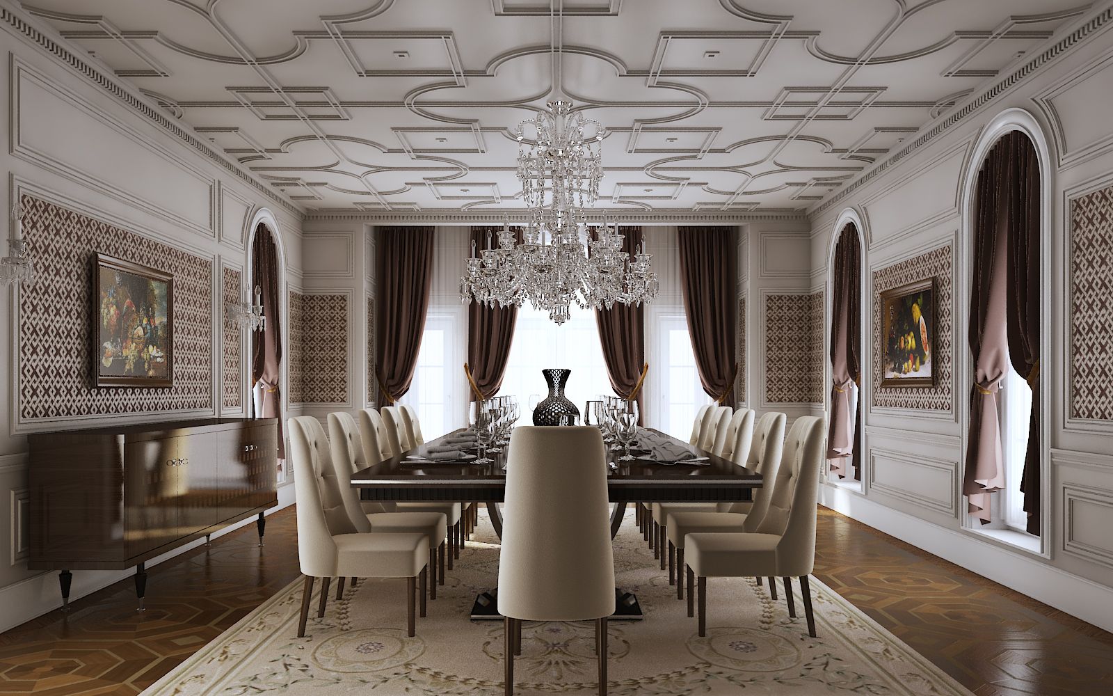 Interior 3D rendering of the Family Home - Cove Lane luxury dining room decorated with intricate moldings in the ceiling
