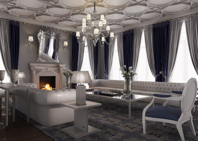 Interior 3D rendering of the Family Home - Cove Lane luxury living room with large windows and blue curtains