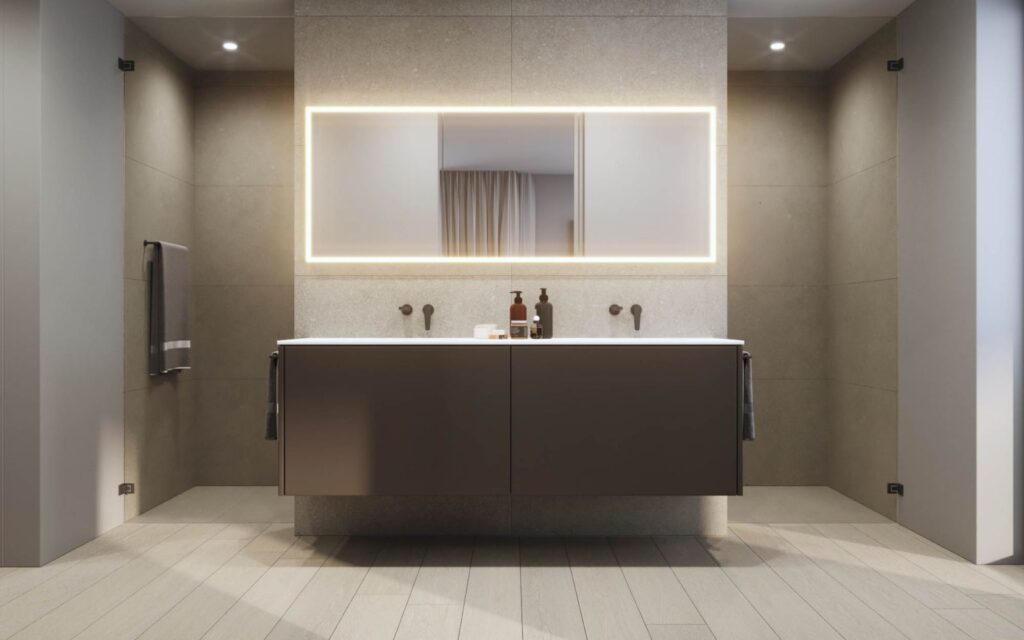 Interior 3D rendering of the Burghaldenstrasse minimalist bathroom, a large mirror in the center of the room and neutral colors throughout the space