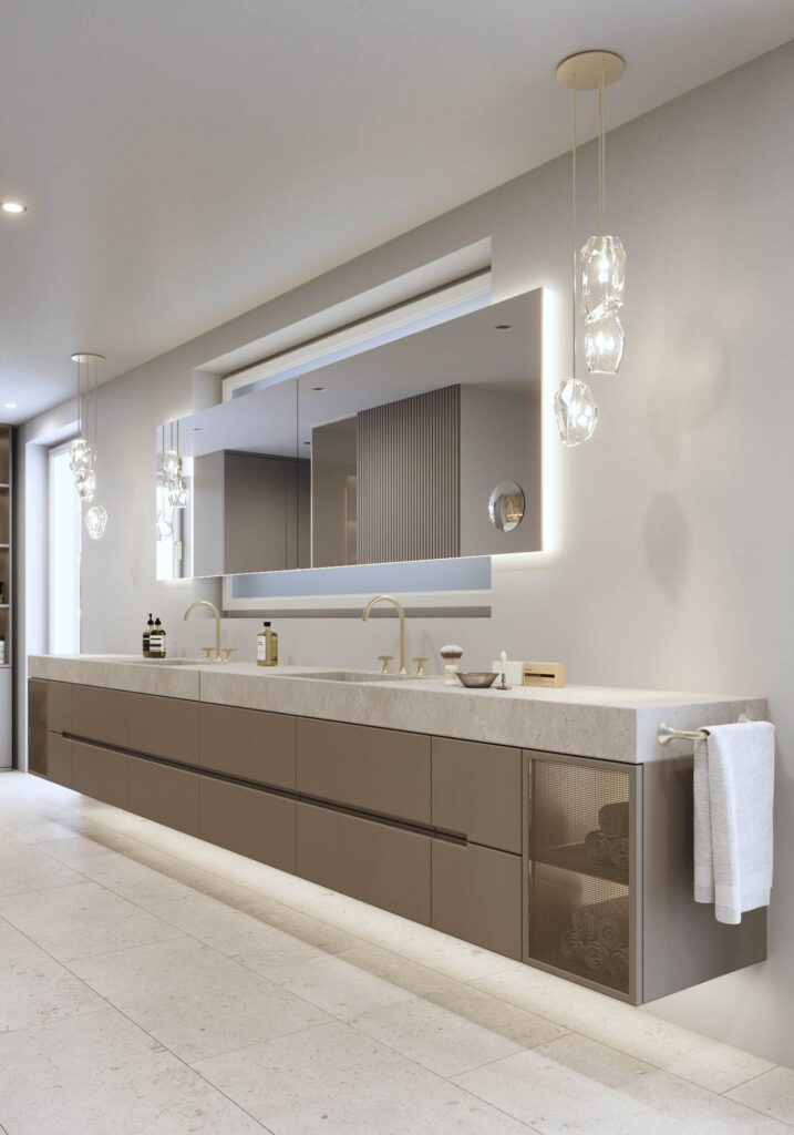 Interior 3D rendering of the Deck modern bathroom, with natural materials, neutral tones in the furniture and good lighting