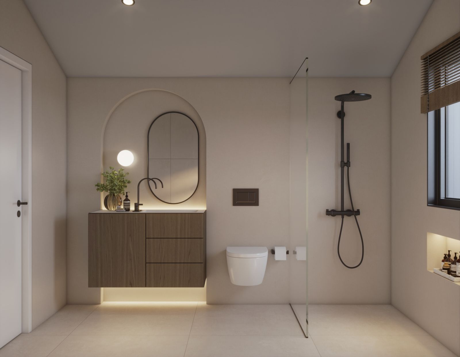 Interior 3D rendering of the Multifamily modern bathroom with natural light, wooden furniture, and light-colored walls and ceiling