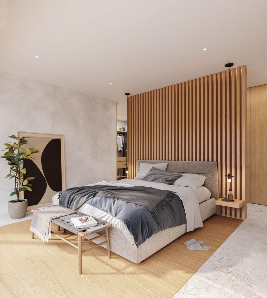 Interior 3D rendering of the Habitat modern bedroom with a wooden wall, a large bed, and exposed concrete walls