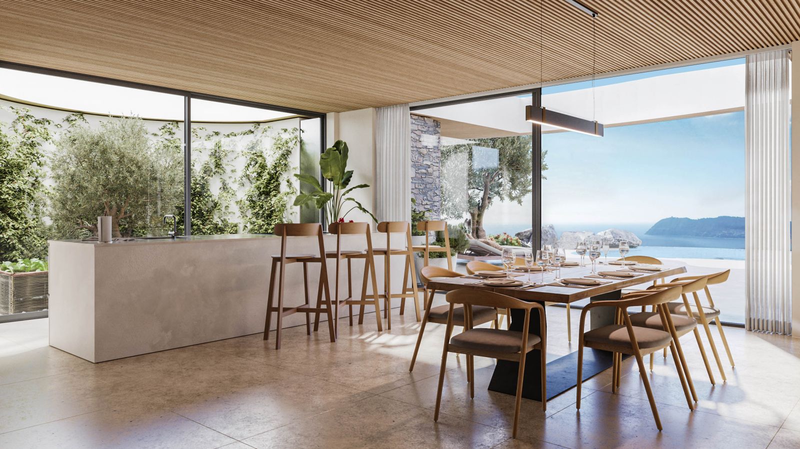 Interior 3D rendering of the Private house modern dining room with open concept, lots of natural light and access to the patio