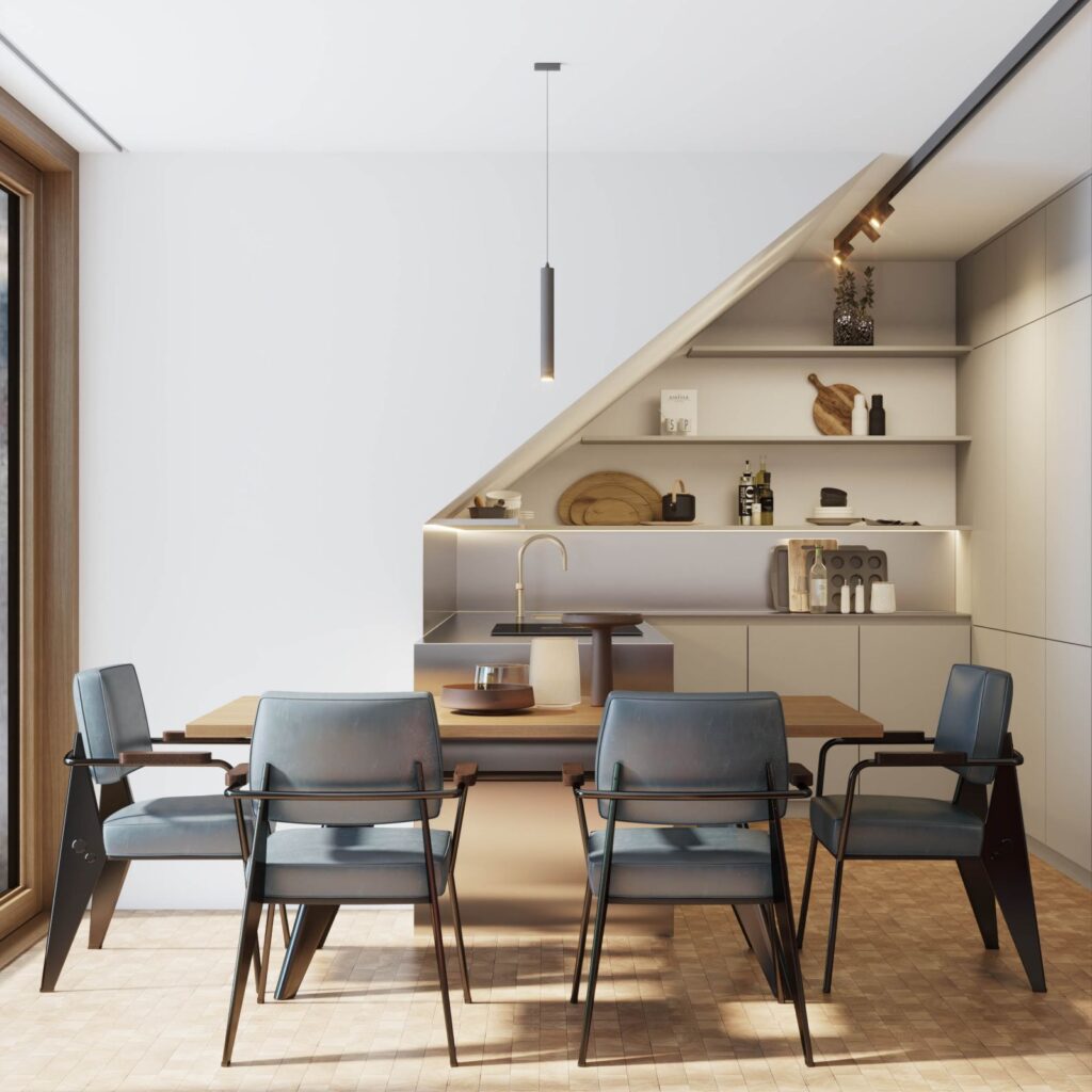 Interior 3D rendering of the Limpertsberg modern furniture, with petrol-colored leather upholstery and plenty of natural light