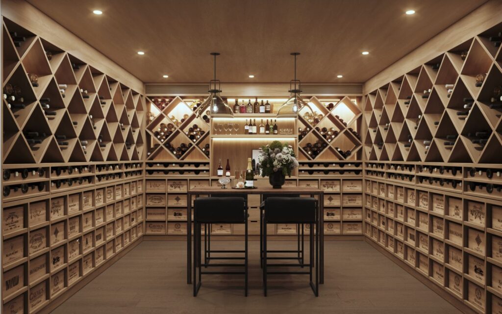 Interior 3D rendering of the Winecellar modern, with light wood furniture, warm lighting and rustic decorations