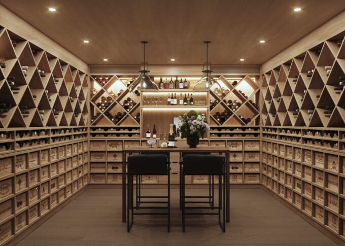 Interior 3D rendering of the Winecellar modern, with light wood furniture, warm lighting and rustic decorations