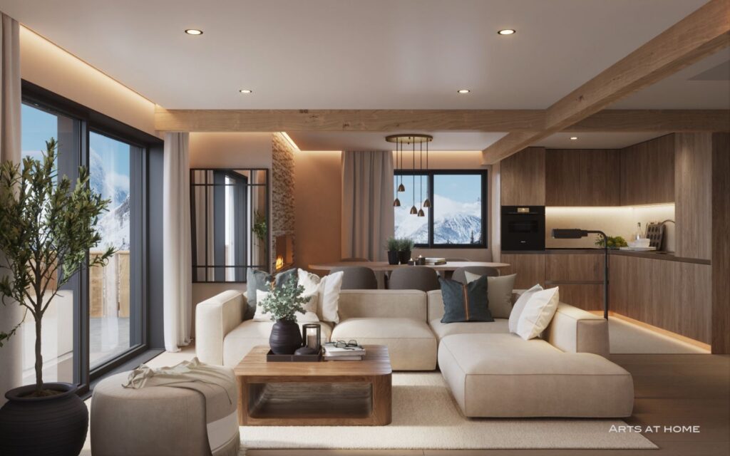 Interior 3D rendering of the Multifamily open-concept living room with modern, neutral-colored furniture, lots of natural light, and a wooden table