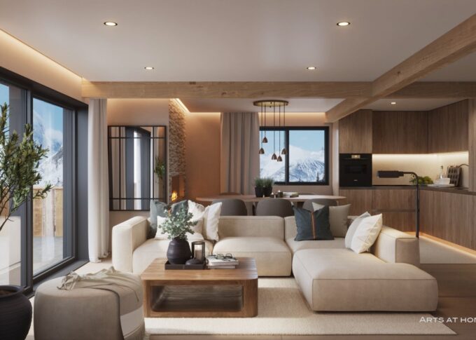 Interior 3D rendering of the Multifamily open-concept living room with modern, neutral-colored furniture, lots of natural light, and a wooden table