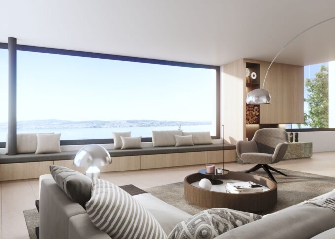 Interior 3D rendering of the Feusisberg living room with a large window that allows you to see a wonderful view, in addition to letting natural light into the room