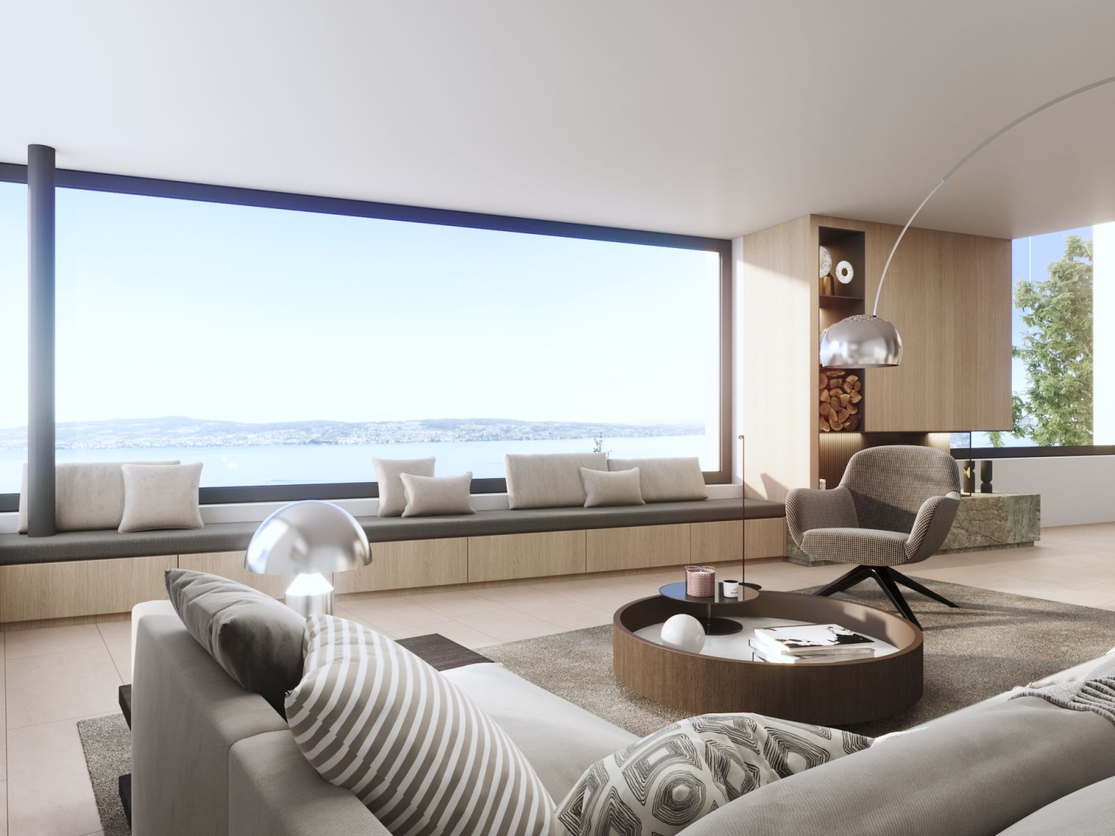 Interior 3D rendering of the Feusisberg living room with a large window that allows you to see a wonderful view, in addition to letting natural light into the room