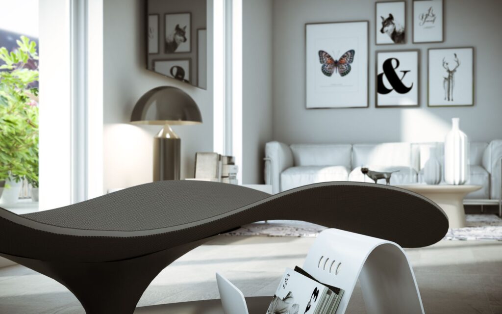 Interior 3D rendering of the Housing - La Chaux de Fonds living room with natural light and modern painting pictures