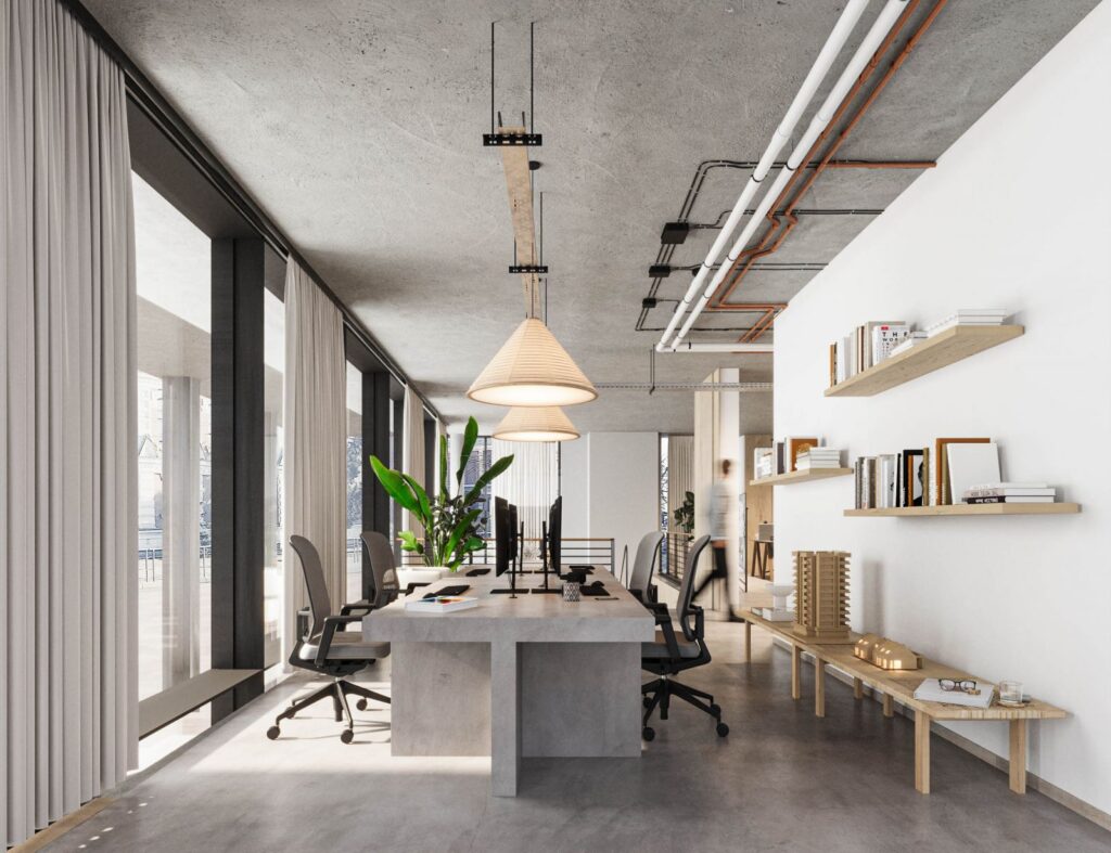 Interior 3D rendering of the Arcades modern office, with concrete floors and furniture, lots of natural light and large windows