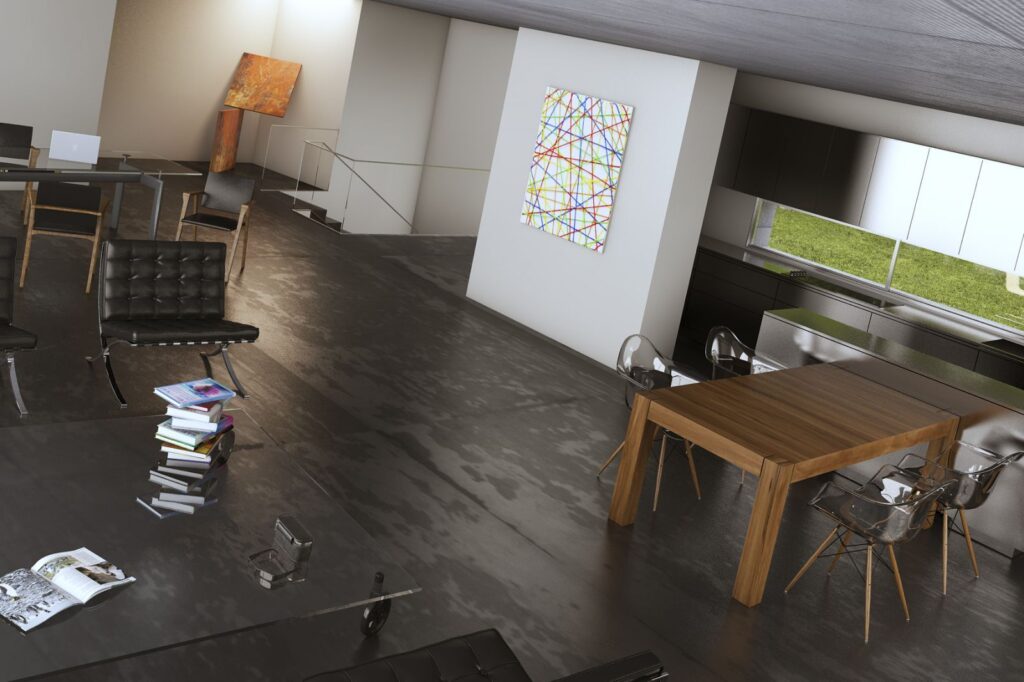 Interior 3D rendering of the Family Home and Pool with open concept and minimalist style