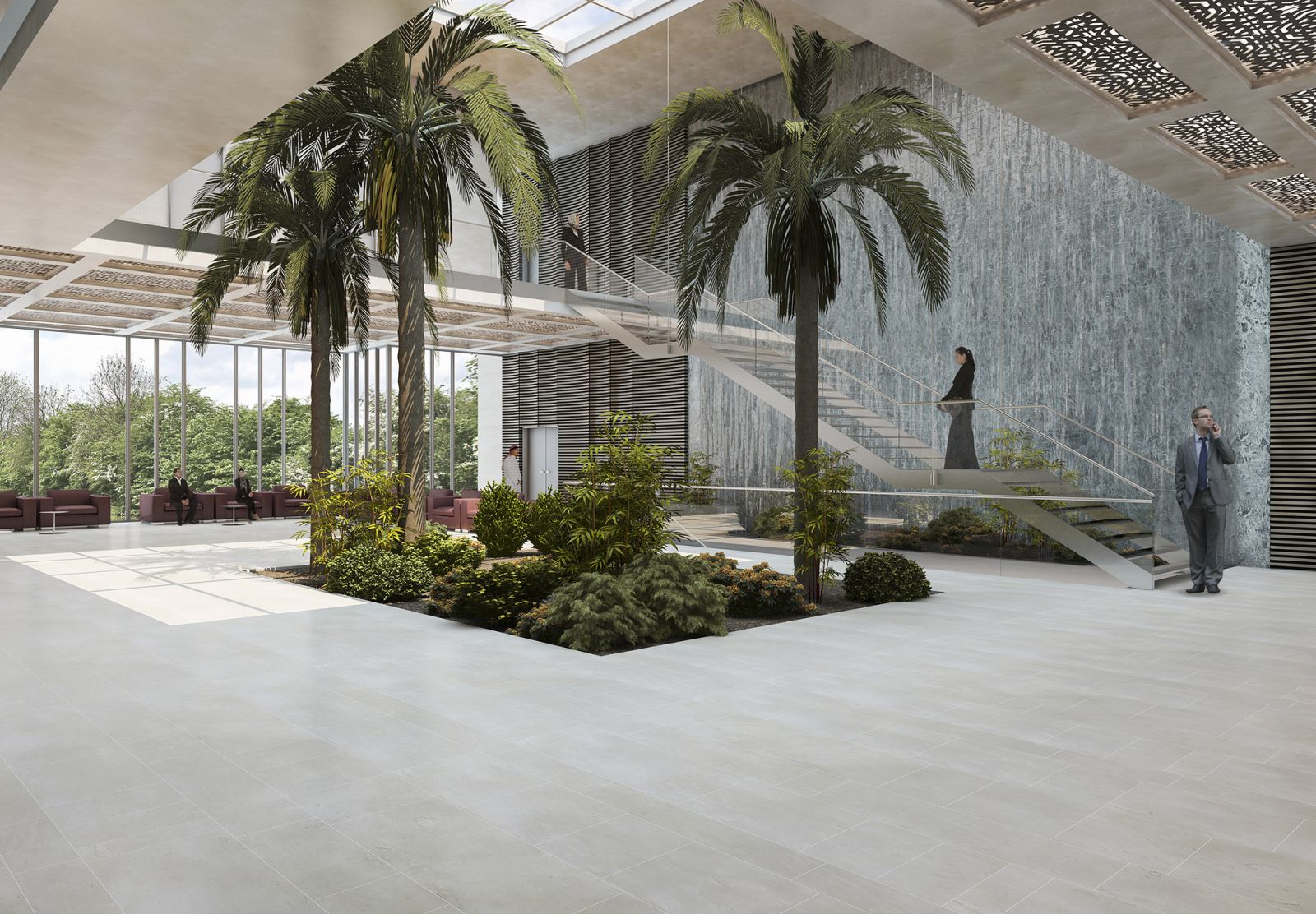 Interior 3D rendering of the Kuwait Embassy glass stairs leading to the first floor, which are near an indoor green area