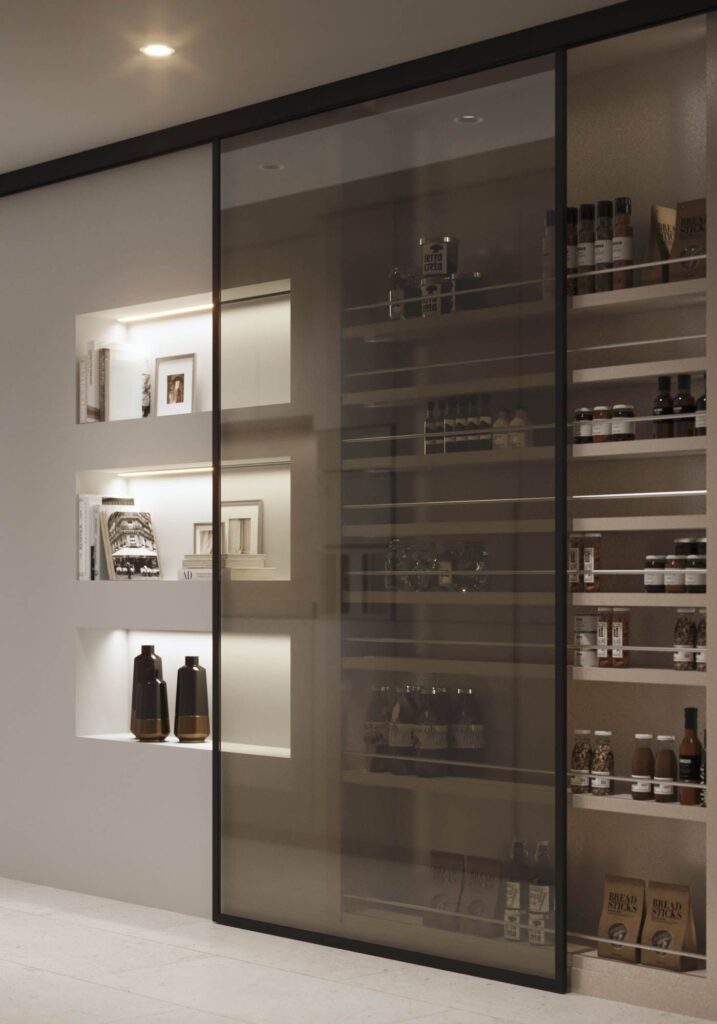 Interior 3D rendering of the Deck modern storage space with tinted glass door and warm light