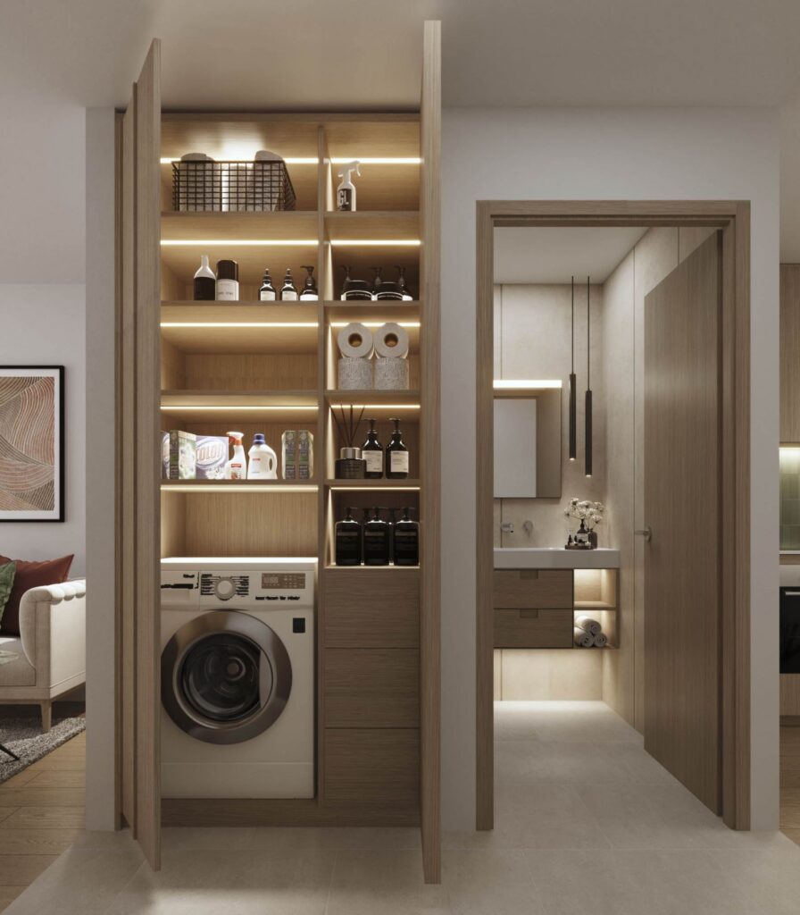 Interior 3d rendering of the Peney modern laundry space with very good lighting and wooden furniture