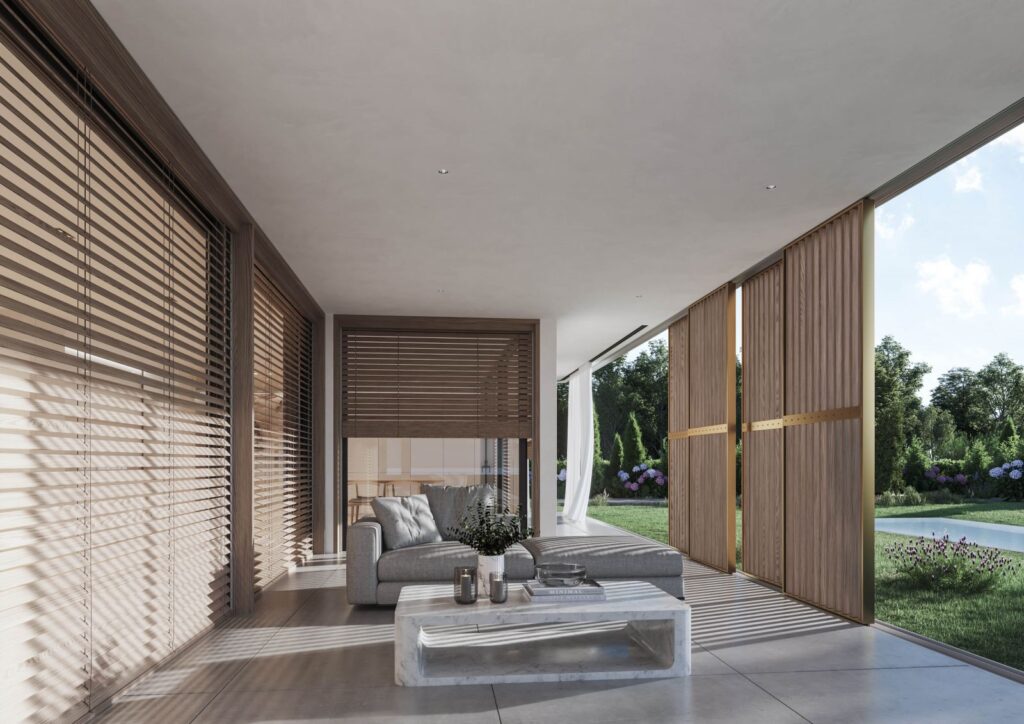 Furniture 3D rendering of the Renovaroll Catalogue semi-covered patio with modern outdoor furniture