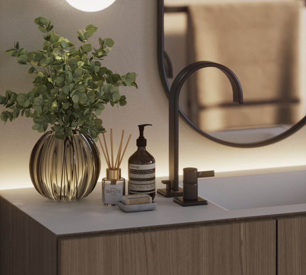 Real estate 3D rendering of the Multifamily modern black furniture in a light-colored bathroom