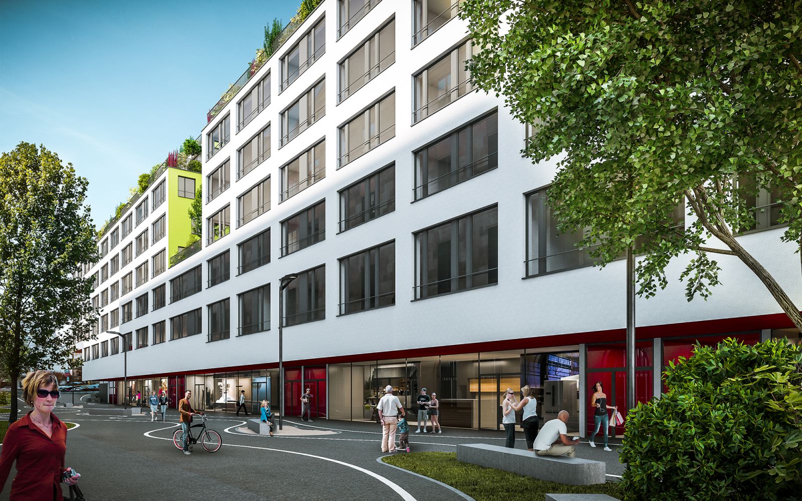 Real estate 3D rendering of the Housing - La Chaux de Fonds with commercial spaces with a safe entrance