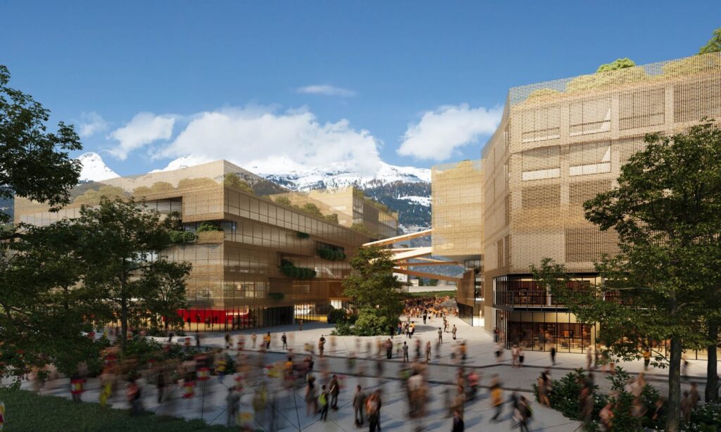 Real estate 3D rendering of the Arena exterior with plants on the upper floor, red lights on the ground floor and bridges between buildings