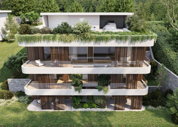 Real estate 3D rendering of the Multifamily house garage on the top floor, decorated with many plants like all the rest of the floors