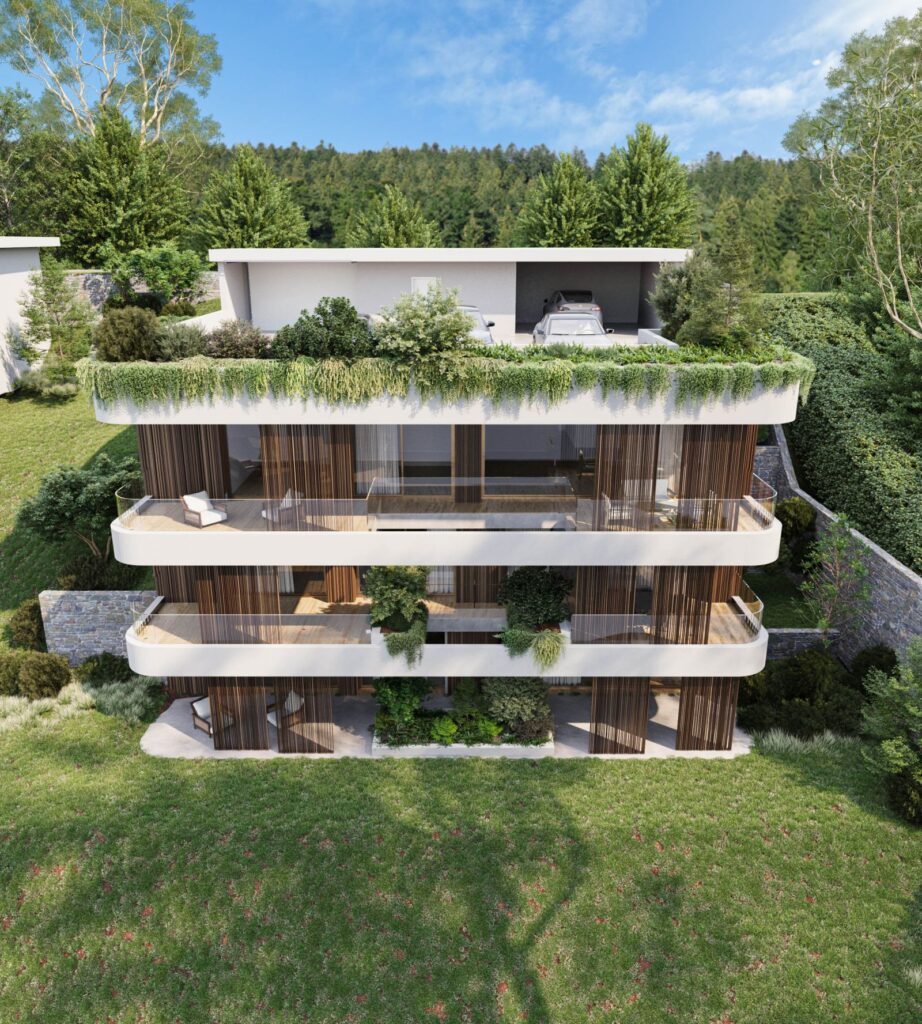 Immobilien-3D-Rendering der Garage im obersten Stockwerk eines Mehrfamilienhauses, dekoriert mit vielen Pflanzen wie alle anderen Stockwerke