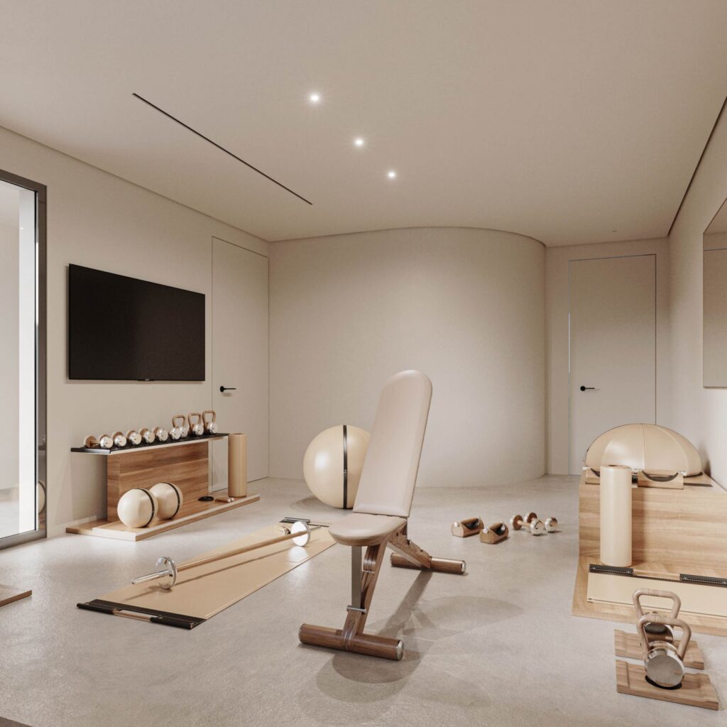 Real estate 3D rendering of the Private house gym with lots of natural light, neutral tones, wooden furniture and a television