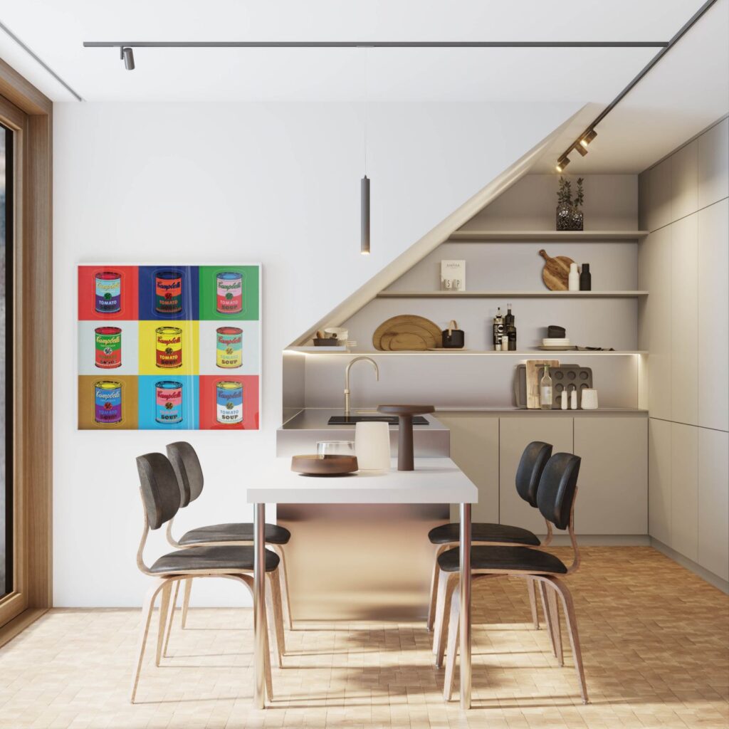 Real estate 3D rendering of the Limpertsberg open-concept kitchen-dining room with colorful paintings and natural light