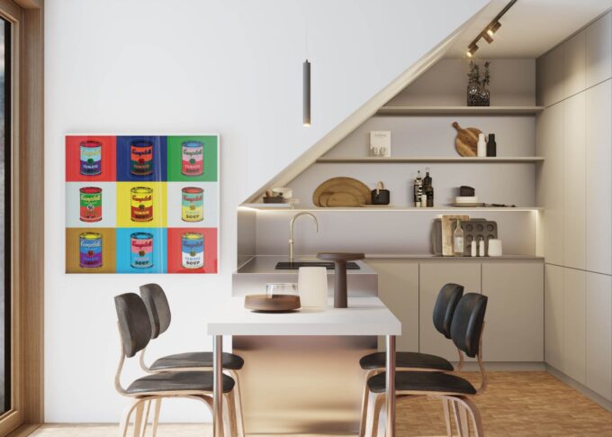 Real estate 3D rendering of the Limpertsberg open-concept kitchen-dining room with colorful paintings and natural light