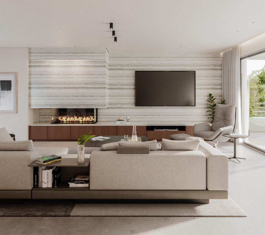 Real estate 3D rendering of the Private house living room with a fireplace and wallpapered wall