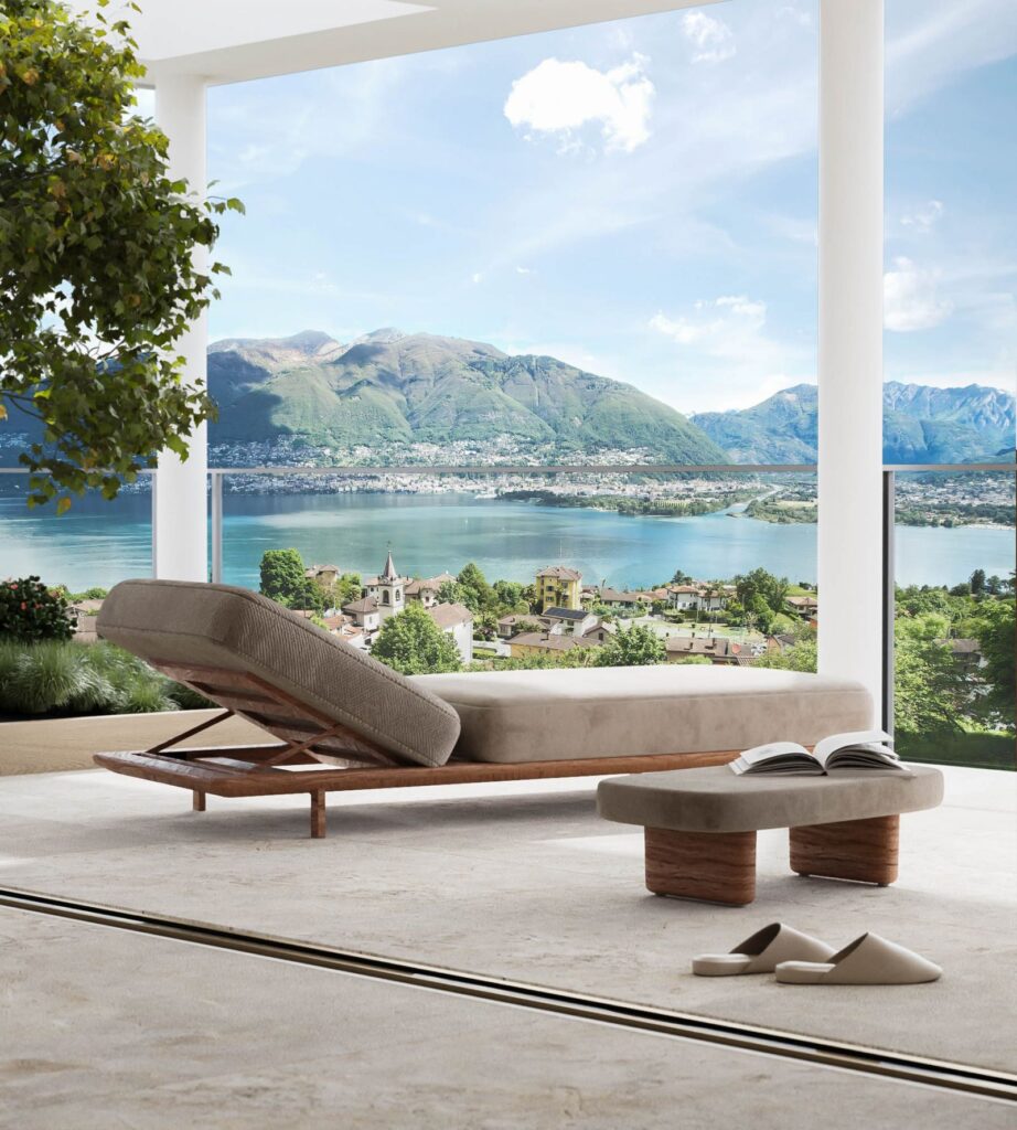 Real estate 3D rendering of the Habitat balcony with outdoor furniture and a wonderful view