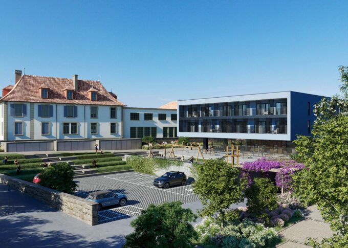 Real estate 3D rendering of the Quartier Saint Michel modern with children's games in the front that can be seen from the building's balconies