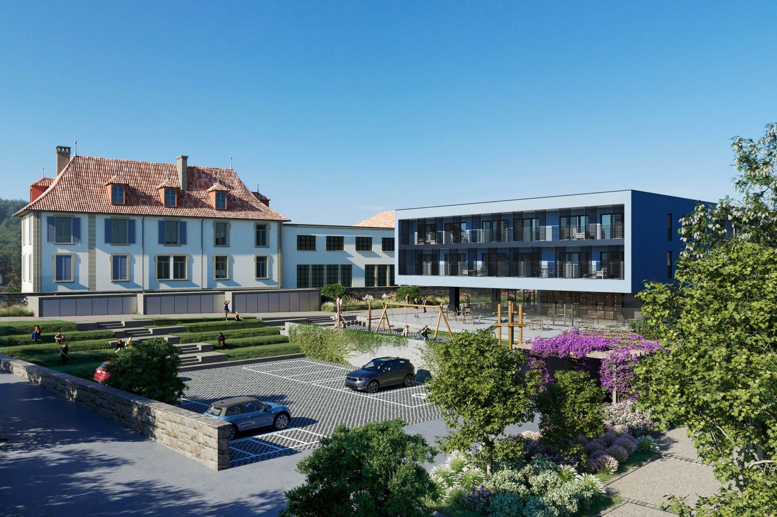 Real estate 3D rendering of the Quartier Saint Michel modern with children's games in the front that can be seen from the building's balconies
