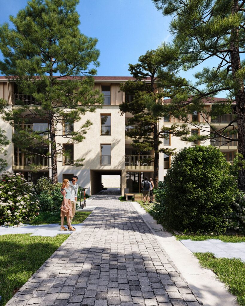 Real estate 3d rendering of the Peney classic white exterior, lots of windows and connections between buildings